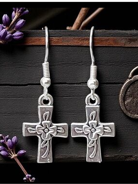 Sterling Floral Cross Drop Earrings - Silver